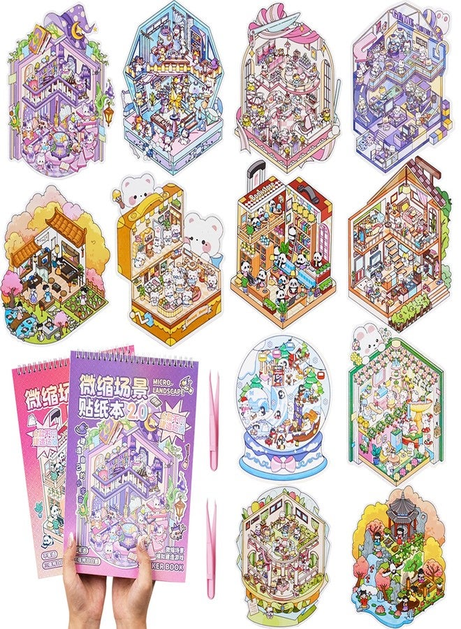 Aifong 2 Books Big Size DIY 3D House Stickers Book with 12 Pcs of 3D Scene Stickers Miniature Scene Therapy Sticker for Relief Stress Pass The Time (10.6 x 7.9 Inch) - Image 1